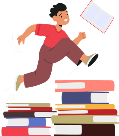 Happy Student Boy Jumps Over Stack Of Book  Illustration