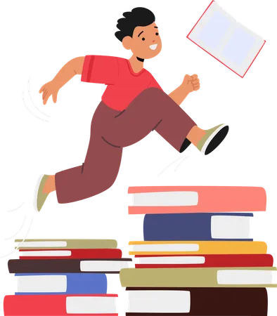 Happy Student Boy Jumps Over Stack Of Book  Illustration