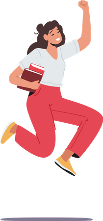 Happy Student Female Jumping with Textbooks in Hand Illustration