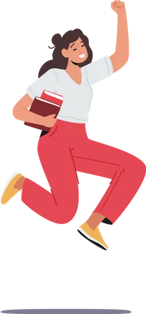 Happy Student Female Jumping with Textbooks in Hand Illustration
