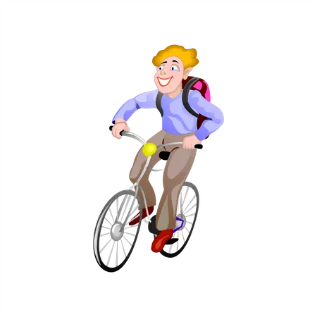 Happy student going school on bike  Illustration