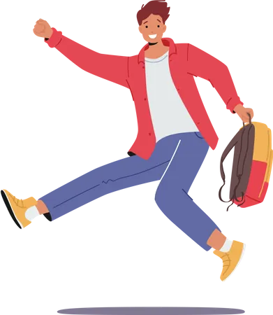 Happy Student Boy Jump With Rucksack In Hand Isolated On White Background Teenager Pupil Character Jumping Back To School Education Happiness Concept Cartoon People Vector Illustration Illustration