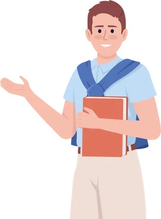 Happy Student Posing With Book Semi Flat Color Vector Character Editable Figure Full Body Person On White Studying Simple Cartoon Style Illustration For Web Graphic Design And Animation Illustration