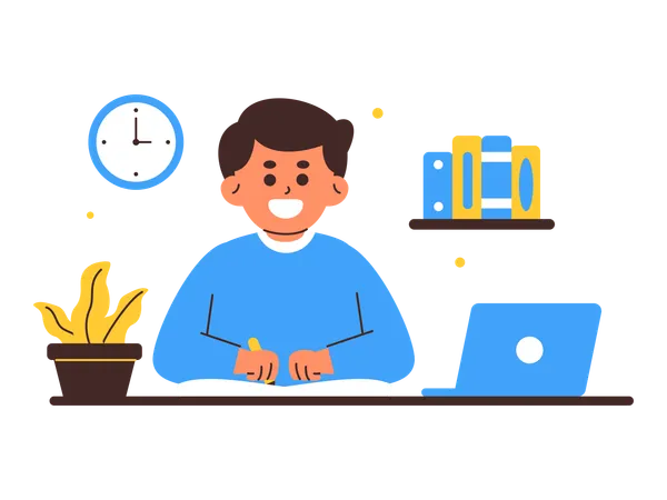 A Delightful Illustration Of A Young Boy Studying At Home Seated At A Desk With A Laptop This Image Conveys The Essence Of A Focused And Enjoyable Home Learning Environment Complete With A Plant And Books On A Shelf Illustration