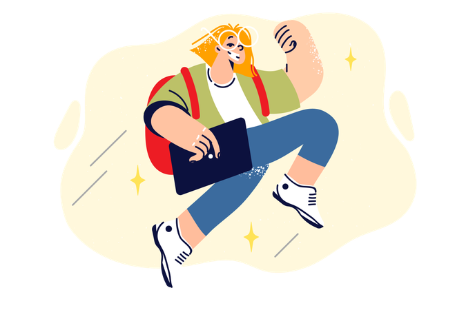 Happy student with backpack is jumping  Illustration