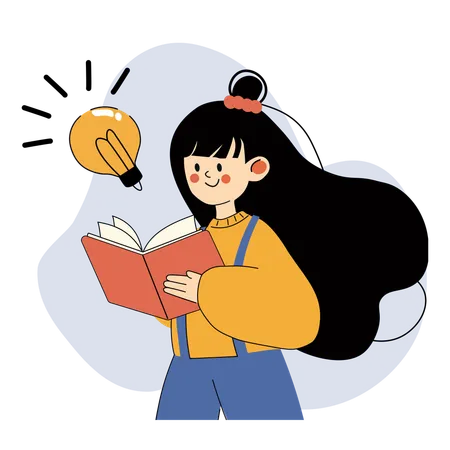 Happy Student with Long Hair Holding a Book and a Lightbulb Idea Symbol  Illustration