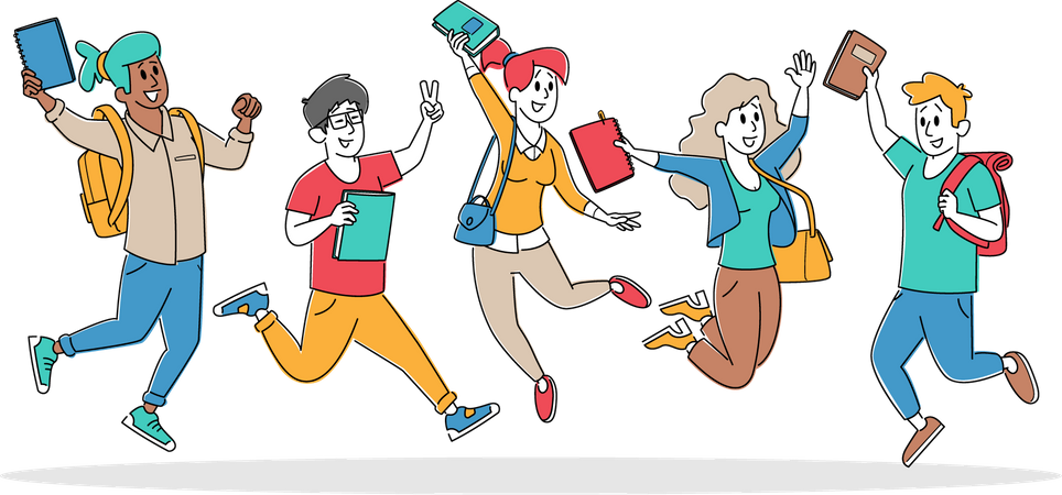Happy Students Jumping with Backpacks and Textbooks Illustration
