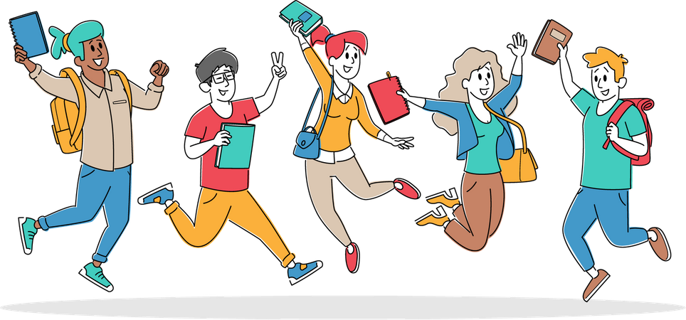 Happy Students Jumping with Backpacks and Textbooks  Illustration