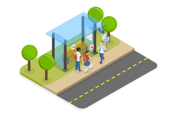Happy Students Waiting for bus  Illustration