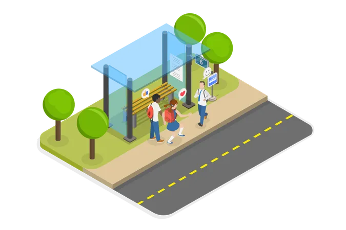 3 D Isometric Flat Vector Illustration Of Happy Students Waiting A Bus Urban School Commuting For Kids Illustration