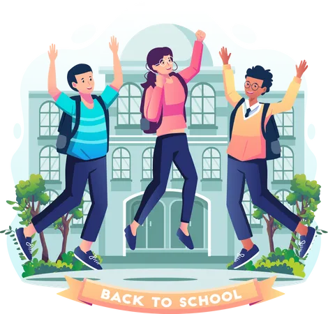 Happy students with backpacks are jumping Illustration