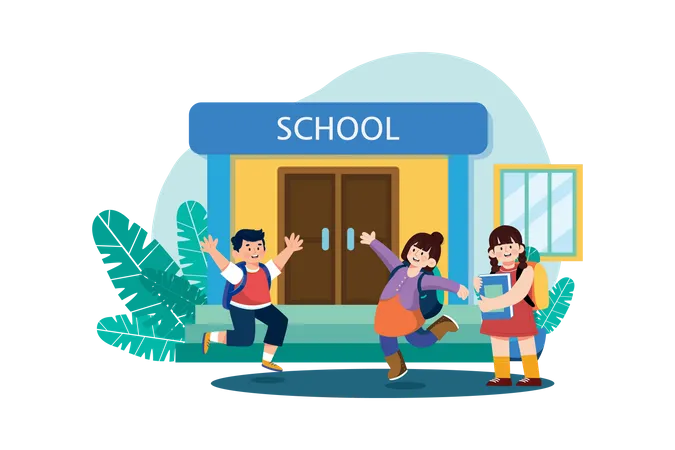 Happy students with backpacks are jumping  Illustration