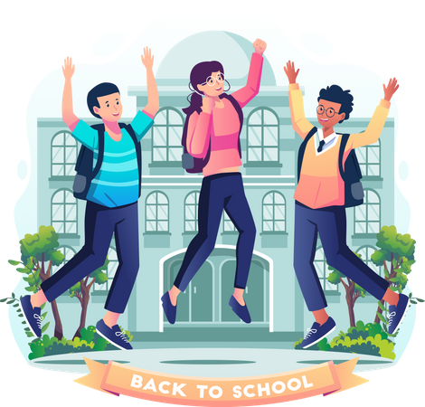 Happy students with backpacks are jumping  Illustration