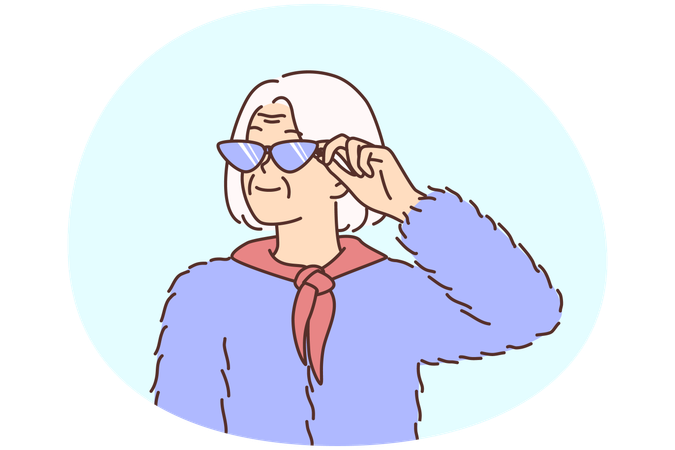 Happy stylish elderly woman dressed in fashionable clothes and sunglasses  Illustration