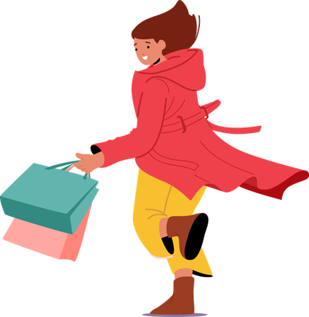 Happy stylish woman shopaholic  running with shopping bags  Illustration