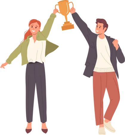Happy successful business man and woman holding trophy cup golden  Illustration