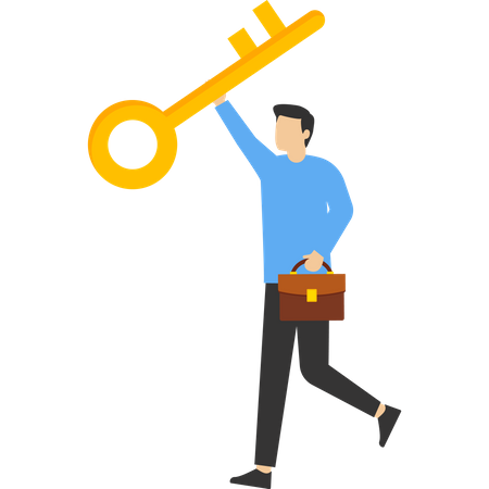 Happy successful businessman holding golden key  Illustration