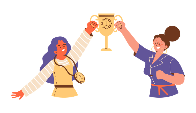 Happy successful women lifting gold trophy  Illustration