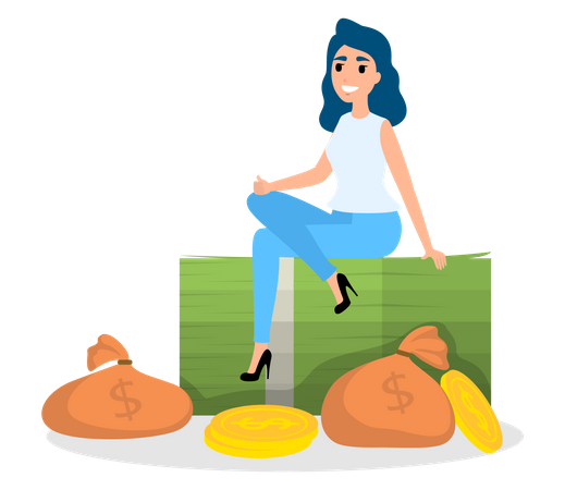 Happy successfull woman sitting around a pile of money Illustration