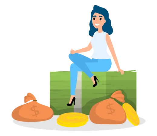 Happy successfull woman sitting around a pile of money Illustration