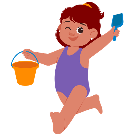 Happy Summer Girl holding beach toys while going for playing in sand  Illustration