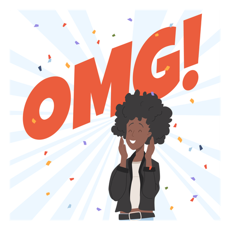 Happy surprised woman with confetti  Illustration