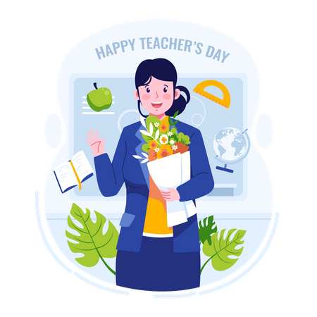 Happy teacher holding flowers  Illustration