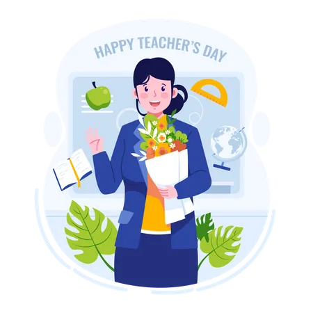 Happy Teacher Holding Flowers Illustration Illustration