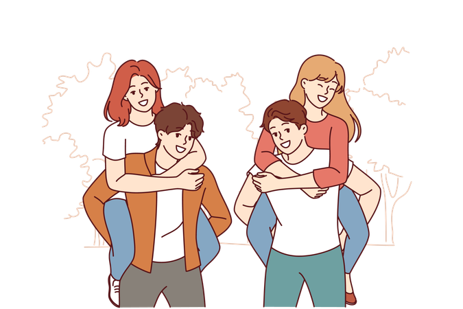 Happy teenage boys give girl piggyback ride  Illustration