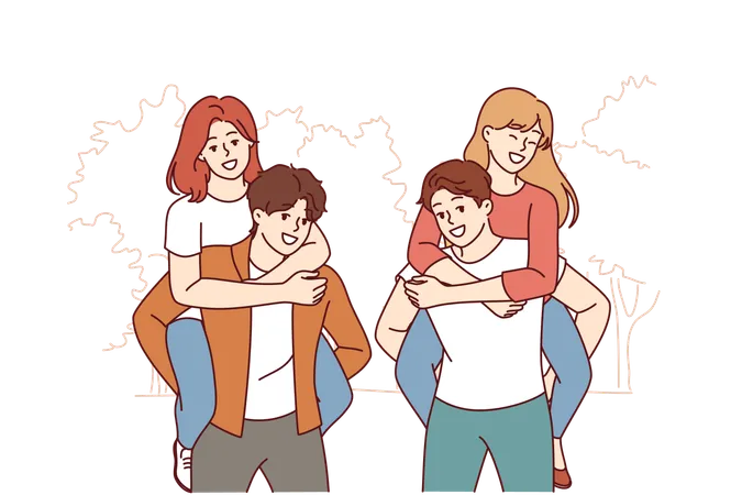 Happy teenage boys give girl piggyback ride  Illustration