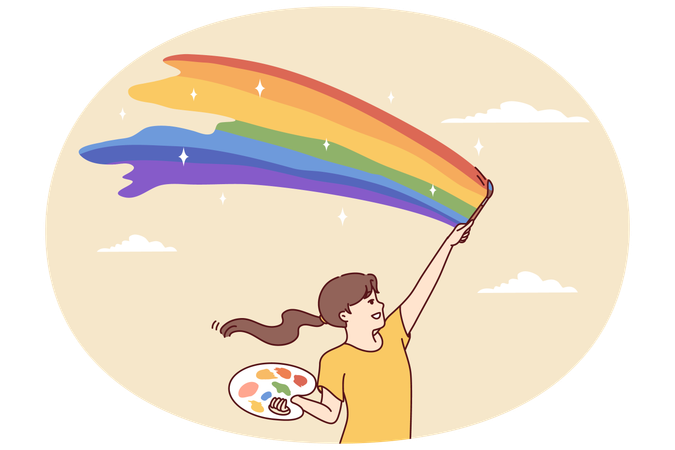 幸せな十代の少女が、筆とパレットを使って晴れた空に虹を描く  イラスト
