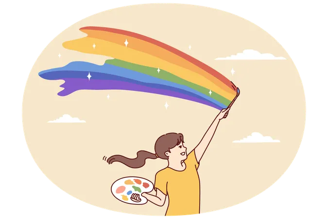 幸せな十代の少女が、筆とパレットを使って晴れた空に虹を描く  イラスト