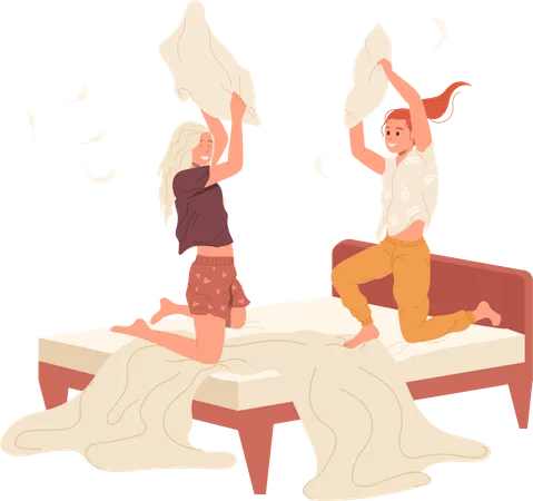 Happy teenage girls fighting pillow jumping on bed playing in bedroom  Illustration