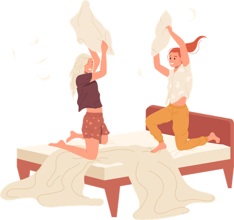 Happy teenage girls fighting pillow jumping on bed playing in bedroom  Illustration