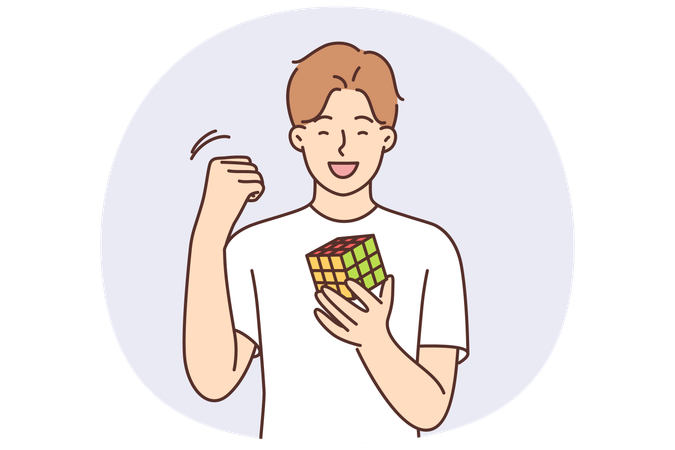 Happy teenager boy gathered rubik cube and rejoice in solving puzzle and makes victory gesture  Illustration