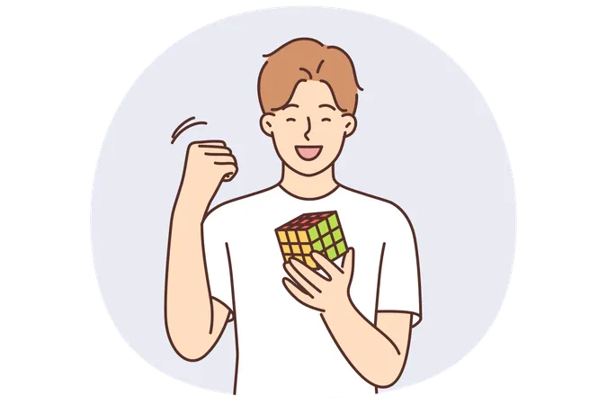 Happy teenager boy gathered rubik cube and rejoice in solving puzzle and makes victory gesture  Illustration