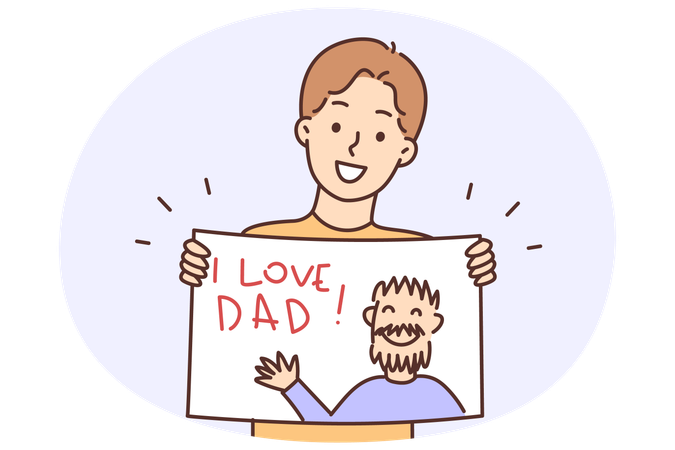 Happy teenager boy holding poster with inscription I love dad and image of man in hands  Illustration