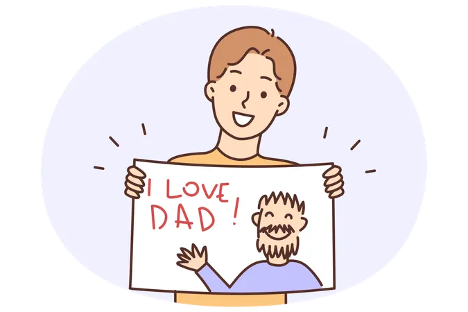 Happy teenager boy holding poster with inscription I love dad and image of man in hands  Illustration