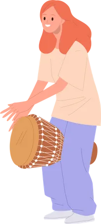 Happy Excited Teenager Girl Cartoon Musician Character Playing Djembe Drum Isolated On White Background Young Woman Artist Performing With Tribal Jazz Musical Instrument Vector Illustration Illustration