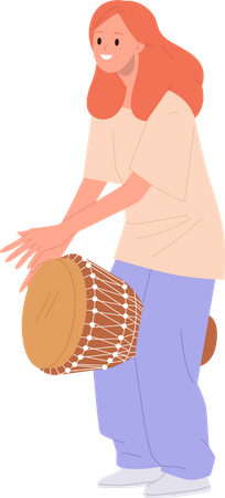 Happy teenager girl musician playing djembe drum  Illustration