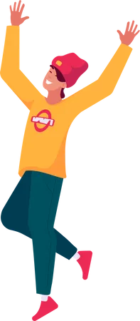 Happy Teenager In Trendy Clothes Jumping And Laughing  Illustration