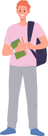 Happy Teenager Smiling Male Student Cartoon Character Wearing Casual Clothes Full Length Portrait Isolated On White Background Vector Illustration Of Young Stylish Teen Boy Carrying Book And Rucksack Illustration