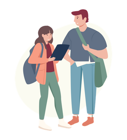 Happy teens girl and boy with backpacks standing together  イラスト
