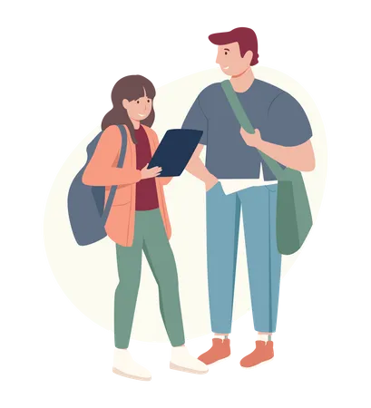 Happy teens girl and boy with backpacks standing together  イラスト