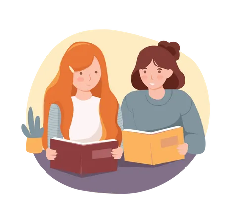 Happy teens schoolgirls reading books together  Illustration