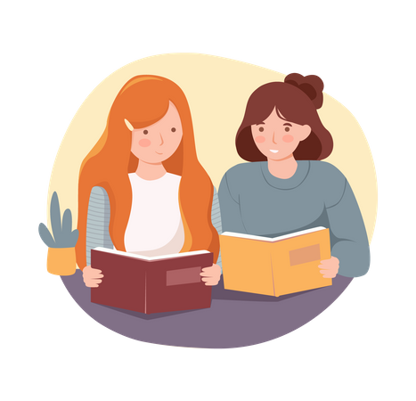 Happy teens schoolgirls reading books together  Illustration