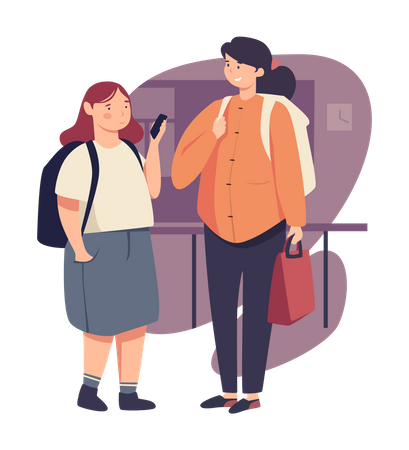 Happy teens schoolgirls with backpacks standing together in classroom  Illustration