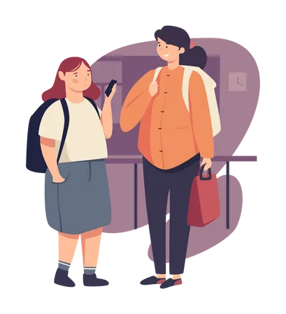 Happy teens schoolgirls with backpacks standing together in classroom  イラスト