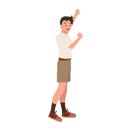 Happy Cheerful Thai Student In Uniform Is Doing Lets Go Illustration