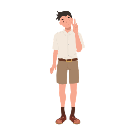 Happy Thai Student in Uniform Doing Peace hand Gesture  Illustration